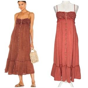 Free People XS Button Front Smock Midi Maxi Sun Dress Gauzy Boho Cottagecore